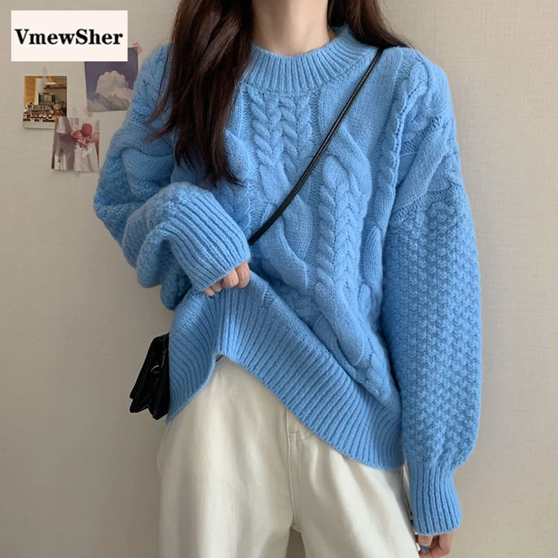 

VmewSher Casual Sweater Women Autumn Long Sleeve O Neck Big Twist Female Basic Knitted Pullover Solid Knitwear Jumper Tops New