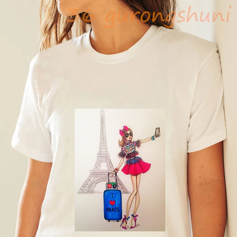

2021 New Women T Shirt Paris Eiffel Tower Tumblr Tops Tees Vintage Graphic Print Short Sleeve Female Fashion White Tshirts