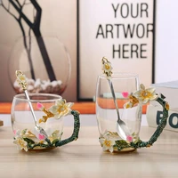 enamel apricot flower water cup with spoon lid coffee mug girl heart crystal glass tea flower tea cup drinking glasses gift box