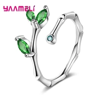 creative genuine silver 925 bamboo open adjustable finger rings with green cz for women for women sterling silver jewelry gift