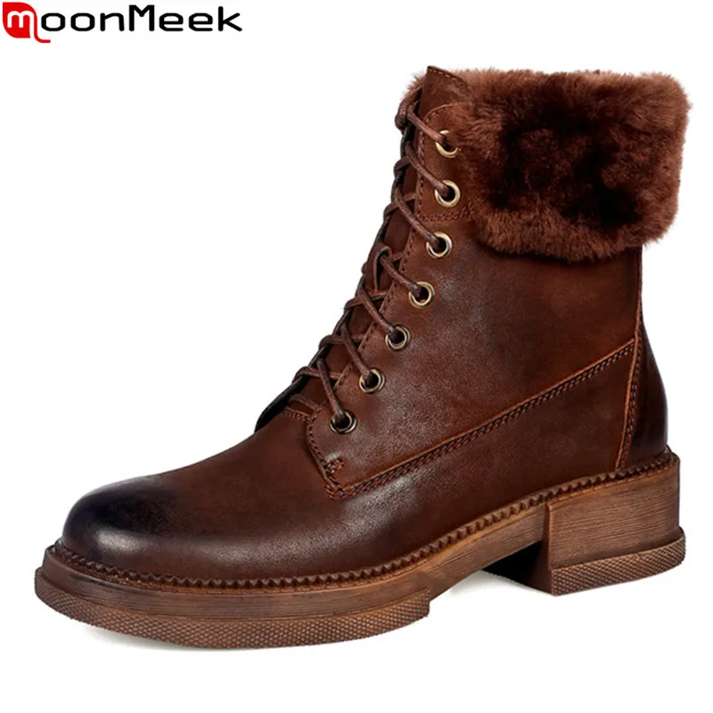 

MoonMeek 2021 New Brand Women Boots Genuine Leather Boots Fashion Lace Up Winter Keep Warm Ankle Boots Black Brown