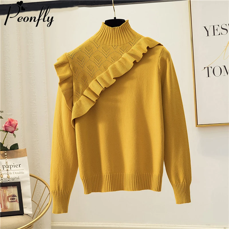 

PEONFLY 2020 Fall Winter Pullover And Sweater Women Korean Ruffles Thick Warm Knitted Jumper Female Yellow Blue Knitwear Women