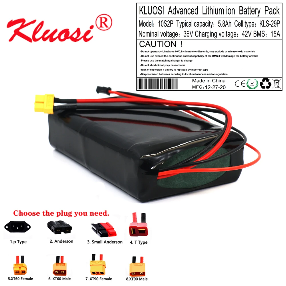 

KLUOSI 10S2P 36V 5.8Ah 6Ah 450W 42V Lithium Battery Pack with 15A BMS for Electric Scooter Skateboard Ebike Electric Bicycle Etc