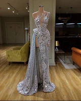 robe de soiree luxury queen crystal evening dress beaded unique neckine silver red carpet celebrity party dress illusion prom
