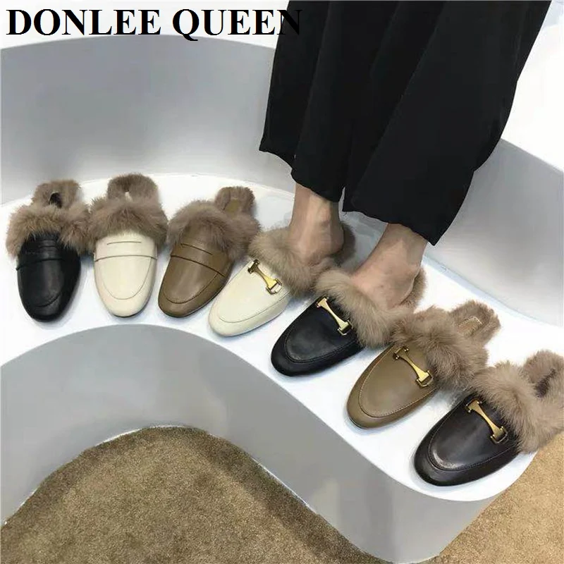 

Furry Slippers Women Autumn Winter Mules Shoes Women 2020 Fashion Flat Rabbit Fur Home Slide Outdoor Flip Flops zapatillas mujer