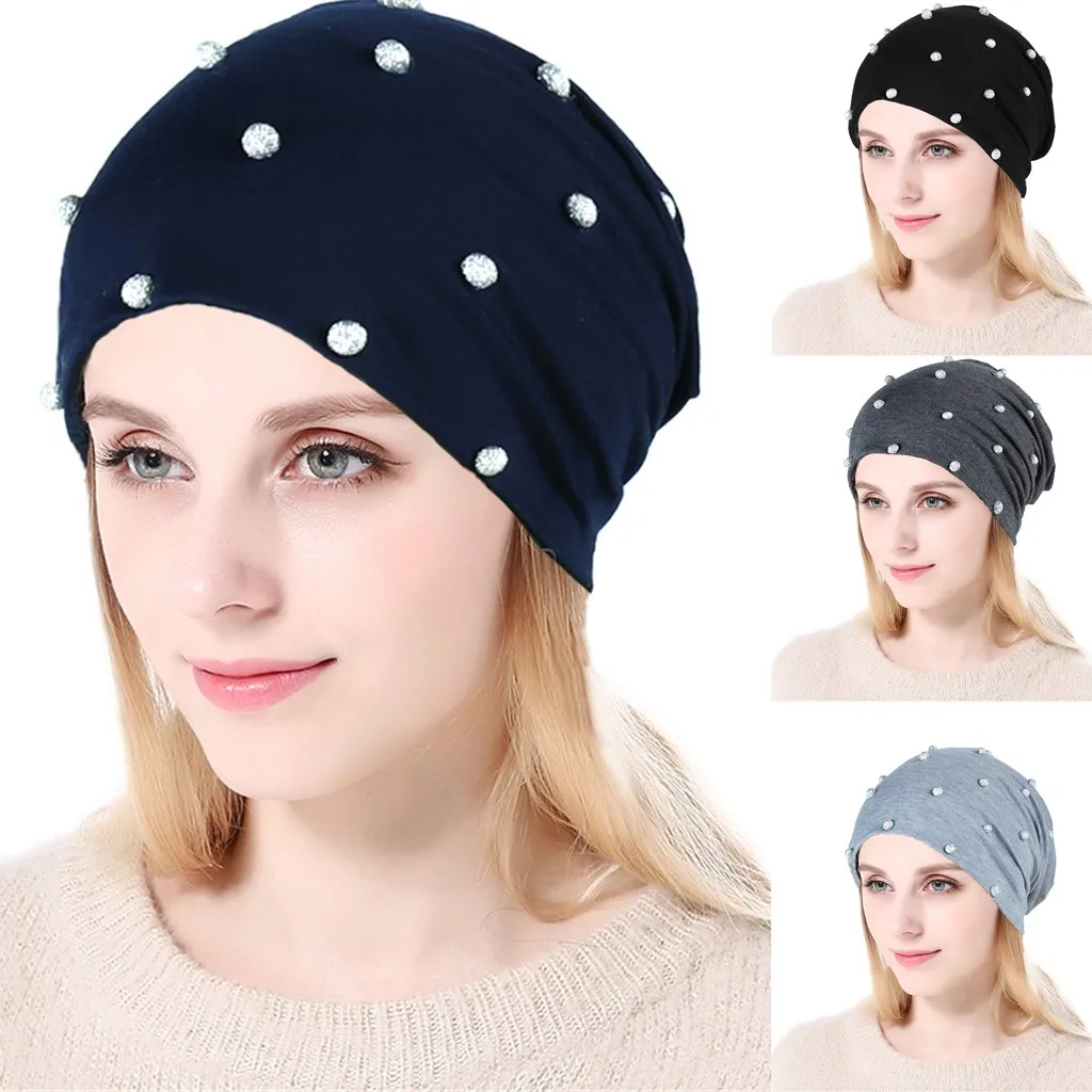 Женская однотонная индийская эластичная Шапка тюрбан со стразами вязанная шапка