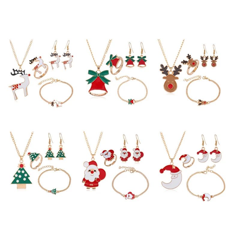 

2022 New Fashion Family 1set Cute Christmas Tree Snowman Santa Claus Elk Pendant Necklace Bracelet Ring Stud Earring Jewerly Set
