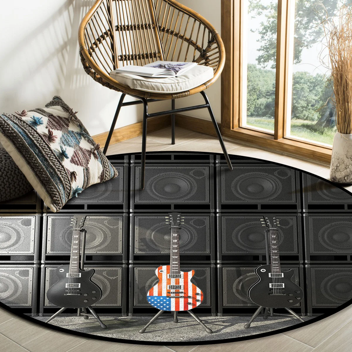 Musical Instrument Guitar American Flag New Anti-slip Round Carpet Computer Chair Pad Living Room Mat Children Bedroom Rugs | Дом и сад
