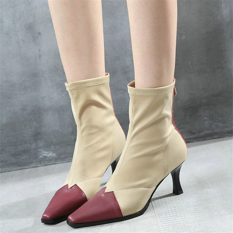 Женские ботинки из натуральной овечьей кожи эластичные с маленьким квадратным