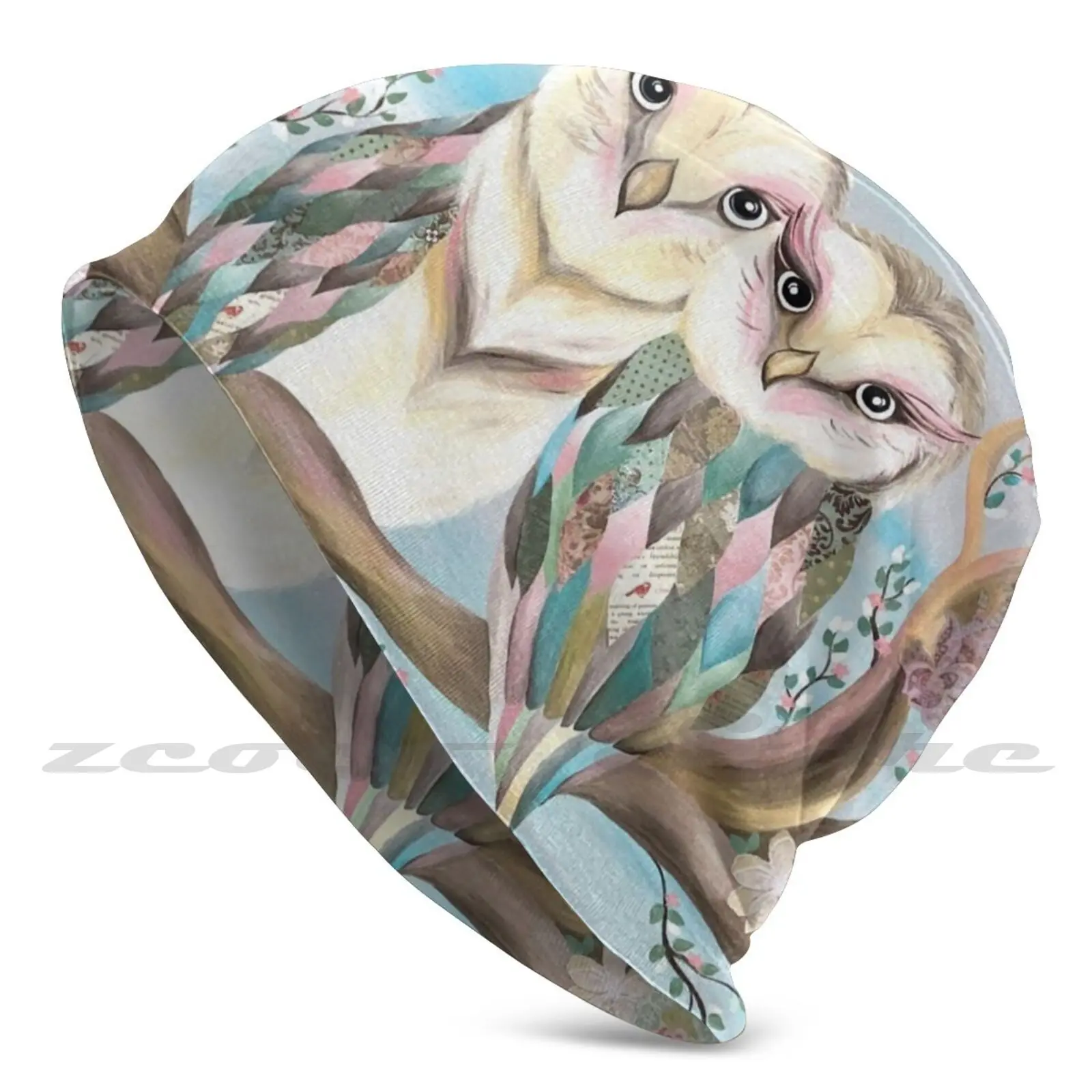 

Owl Love Birds Knit Hat Hedging Cap Soft Elasticity Outdoor Sports Leisure Owl Hoot Branch Sitting Feathers Flowers Leaves Blue