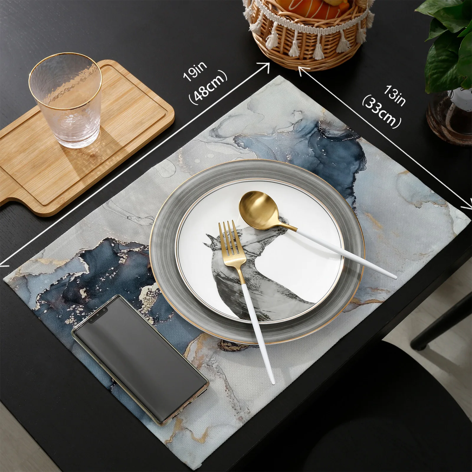 

Marble Texture Ink Painting Golden Lines Table Runner Placemats Set Wedding Table Decoration Table Runner for Kitchen Dining