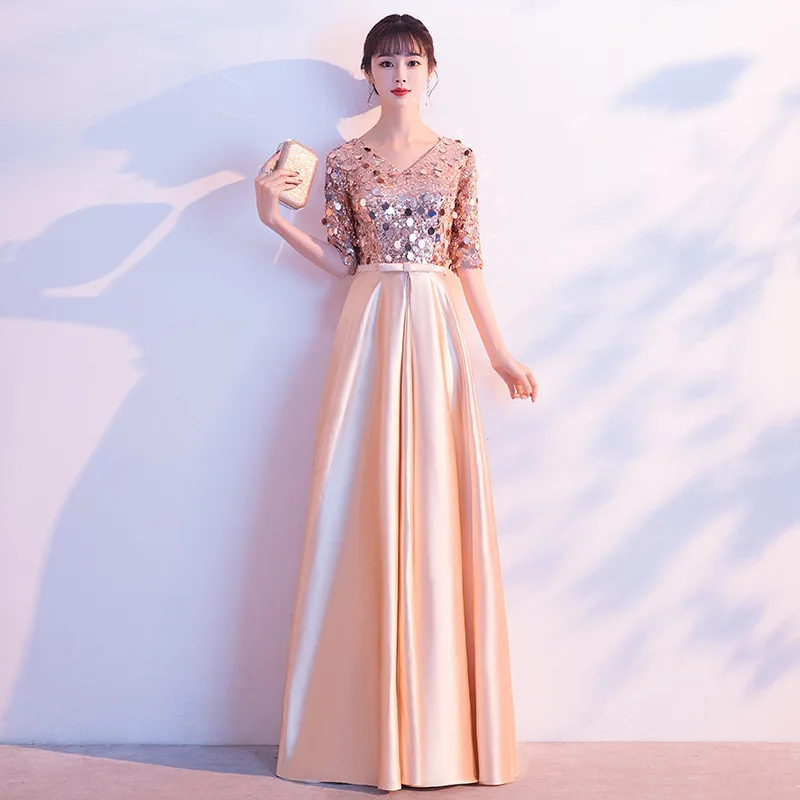 

Round Sequins Women Evening Dress Floor-Length Satin Banquet Performance Dresses Skirt Gold Party Prom Gown Plus Size S-4XL