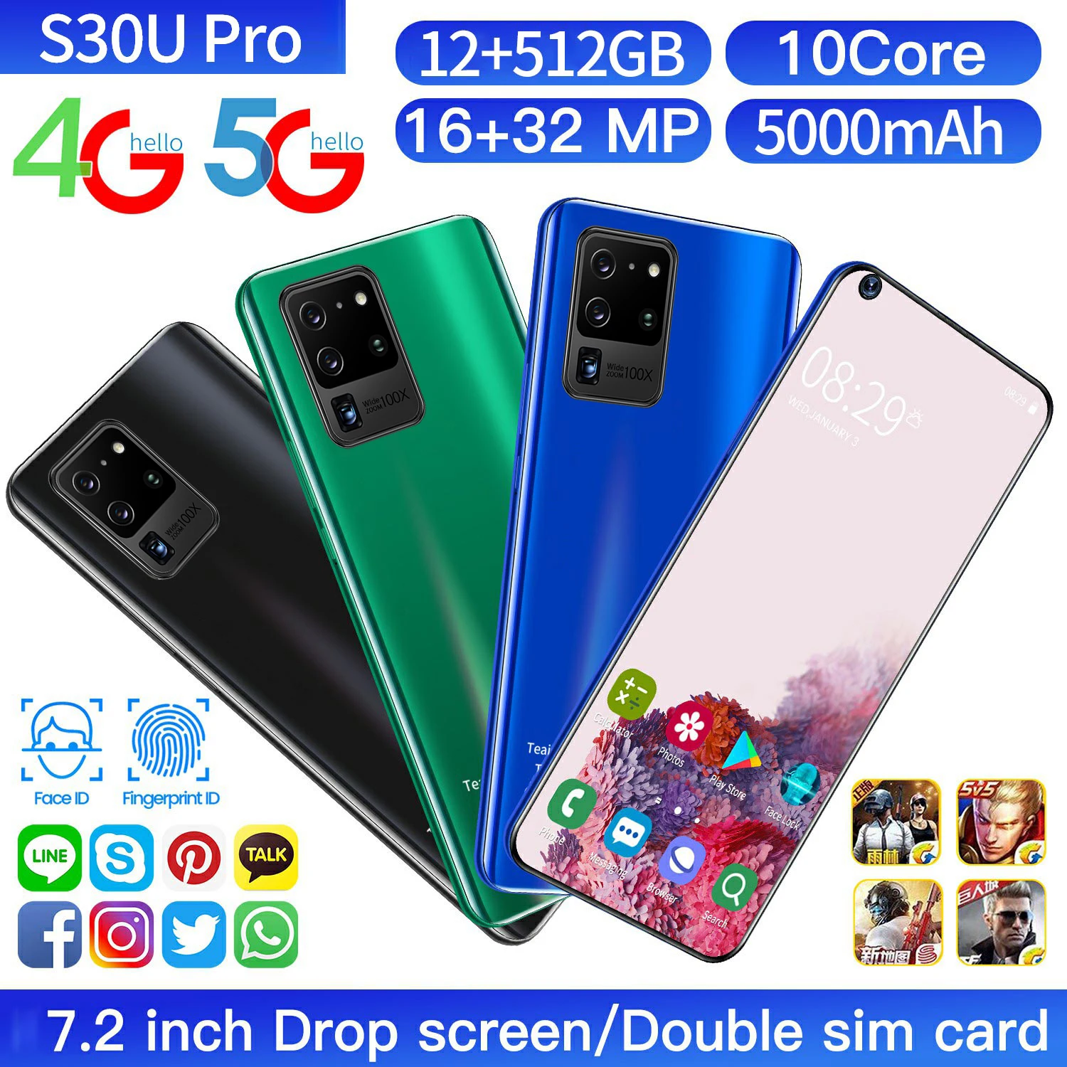 

Galxy S30 Ultra 7.2 Inch 4G 5G Octa Core Andorid 10.0 Smartphones 12GB RAM 512GB ROM Mobile Phones Global Version