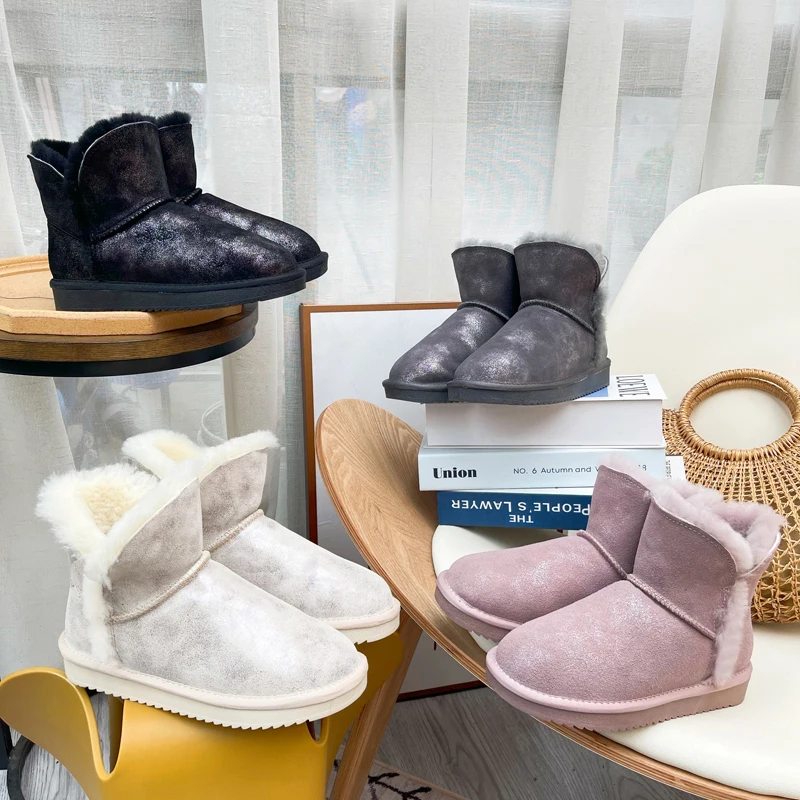 Snow Boots Women's New Winter Sheepskin Genuine Leather Boots Real Wool Non-slip Warm Flat Cotton Shoes