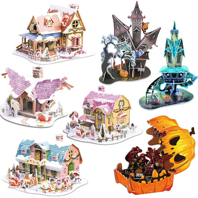 

3D DIY Puzzle Christmas Halloween Gift Pumpkin Light House Castle Construction Paper Model Lantern Cabin Children Assembling Toy