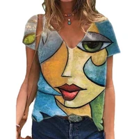 v neck funny abstract print tshirt women summer casual shirt tops loose vintage female tee streetwear y2k short sleeve