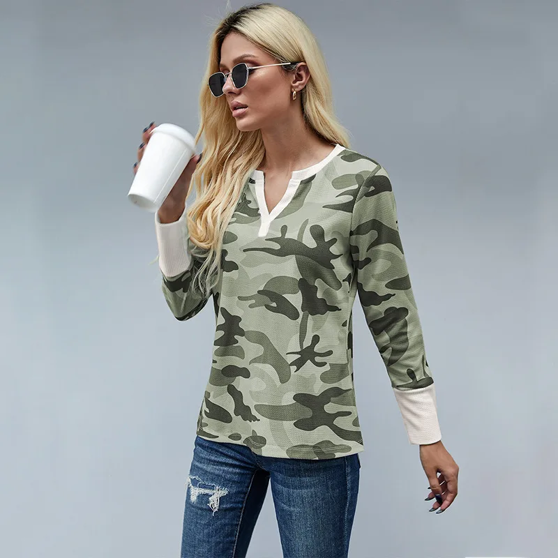 

Long Sleeve Sweater Women's Autumn European and American New Camouflage Stitching Contrast V-neck Top Slim Fit