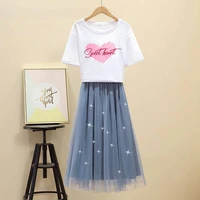 2021 summer newfashion female letter love printingbasict shirt and embroidered mesh half mid calf skirt fairy two piece suit