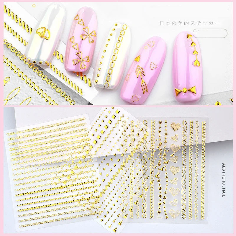 1 Sheet Gold Metal Chain Zipper Solid 3D Nail Sticker Self-adhesive Transfer Manicure Art Decorations 10 styles NEW | Красота и