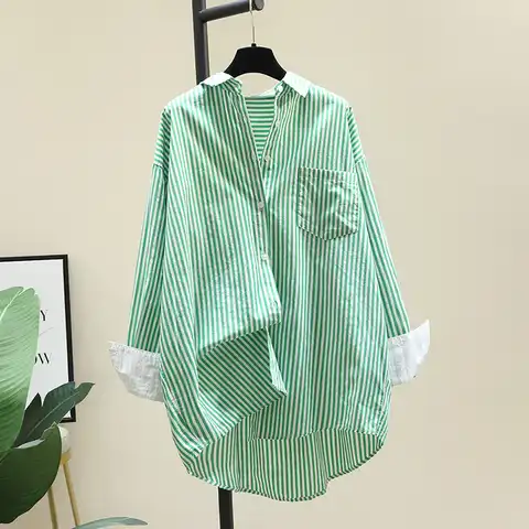 Женский пиджак средней длины SuperAen, в зеленую полоску, свободный, тонкий, осень рубашки с отложным воротником со стойкой