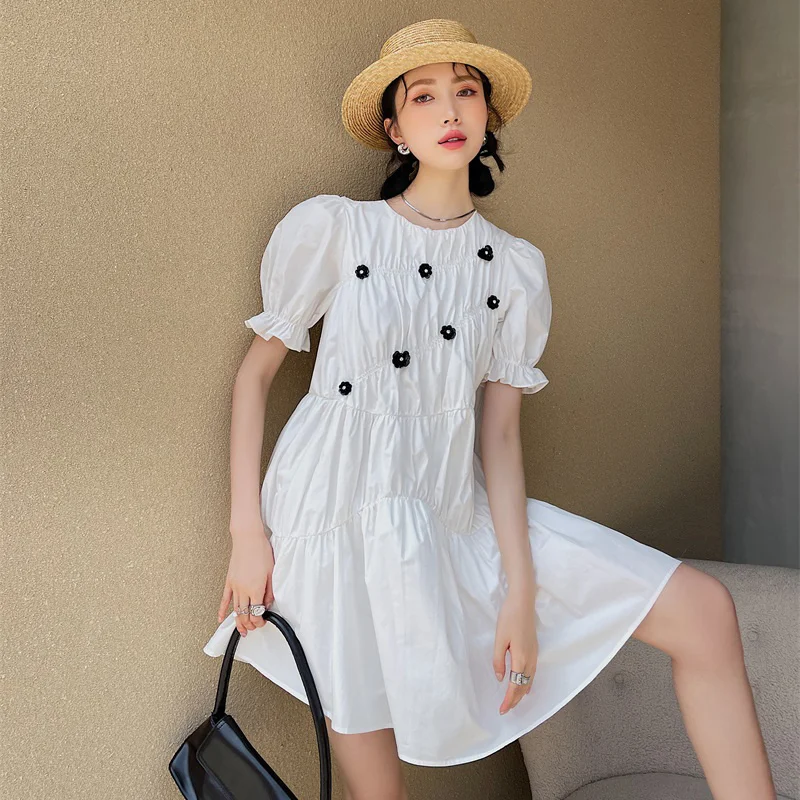 

Повседневное мини-платье, корейское свободное тонкое Плиссированное темпераментное модное летнее платье с коротким рукавом, новинка 2022, E520