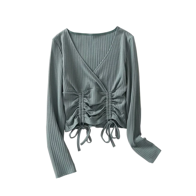 

2020 Summer New Knitting Elasticity Sexy V-neck Long Sleeve Shirt Drawstring Tops Blouse Girl Female Womens V0QE