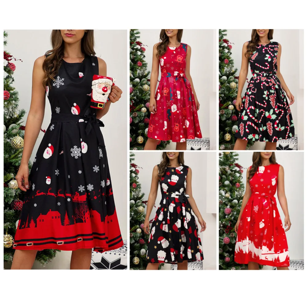 Рождественская Леди Снежинка Санта Клаус печати О образным вырезом без рукавов