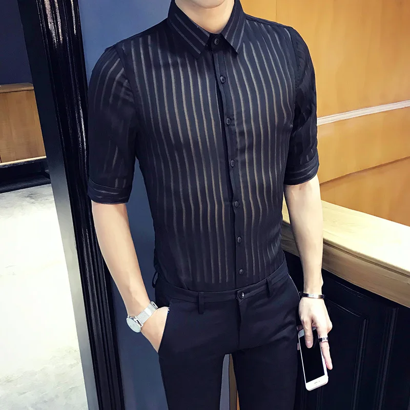 Рубашка мужская прозрачная пикантная модная сорочка с рукавом до локтя