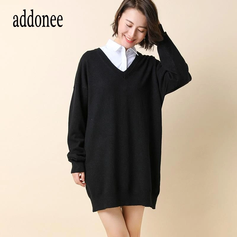 Spring Autumn Winter New Women Lady Cashmere Wool Long Sweater Pullovers Solid V-Neck Casual Big Size Warm Wild Loose Fashion
