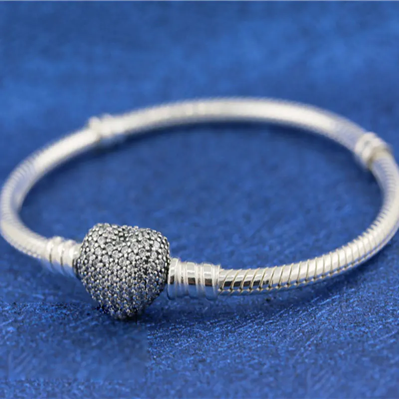 

925 Sterling Silver Moments Pave Heart Clasp Snake Chain Bracelet For Women Fit Pandora Style Charms Beads Jewelry