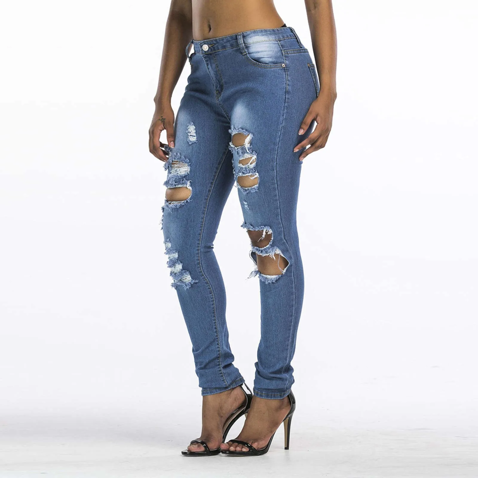 

Ladies high-rise ripped stretch slim-fit jeans Women Button High Waist Pocket Elastic Hole Jeans Trousers Slim Denim Pants Mujer