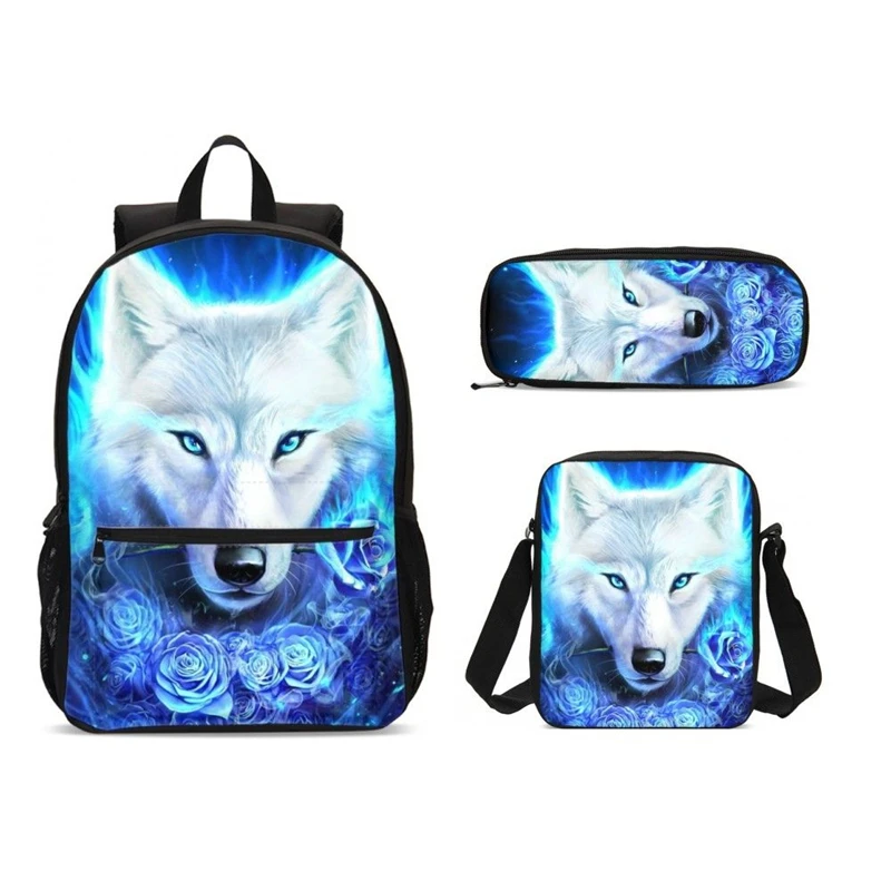 3Pcs/Set Portfolio School Bags For Boys Girls Cool Animal Wolf 3D Printing Backpacks Teenage Bookbag Satchel Mochila Escolar