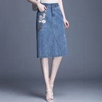 floral embroidered denim midi skirts womens 2020 spring summer new korean style high waist bodycon skirt elegant