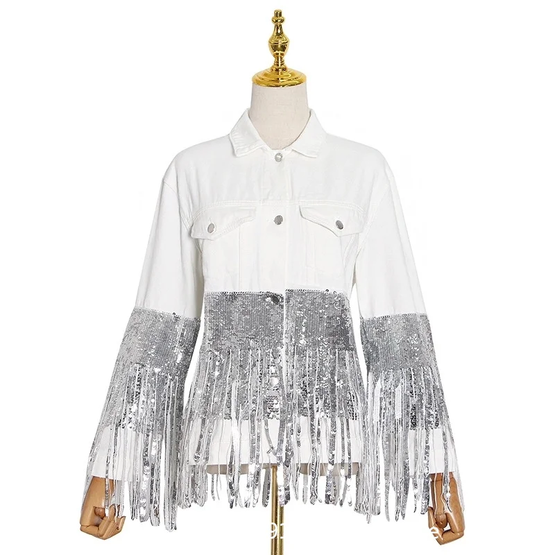 

2021 Spring New Fashion Korean Version Of Heavy Industry Sequins Tassel Pocket Design Lapel Loose Hole Denim Jacket Women