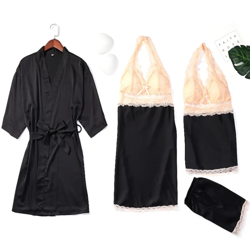 

2020 Spring And Autumn New Women Pajamas Four-piece Suit Simple And Natural V-neck Home Pajamas Suit With Chest Pad