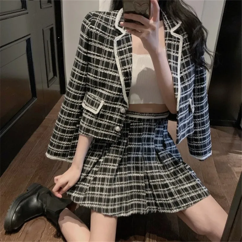 

Women Suit 2020 new female short tops coat and short pleated plaid skirt casual two-pieces set suit preppy style