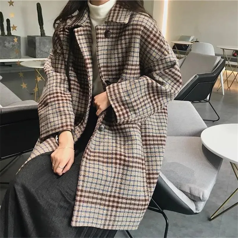 

Winter Wool & Blends Women Outerwea Plaid Wide-Waisted Single Breasted Korean Style Vintage Slim All-match Leisure Tender Coats