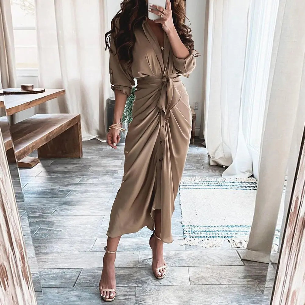 

Women V-Neck Slim Mid Calf Long Sleeve Dress Elegant Party Pleated Lace Up Belt Office Lady Casual Solid Femme Fashion Vestido