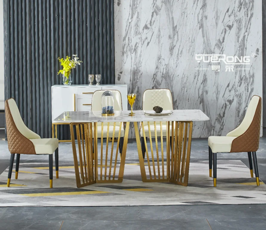

Fashionable stainless steel marble dining table small apartment 6 persons rectangular combination dining table and chair