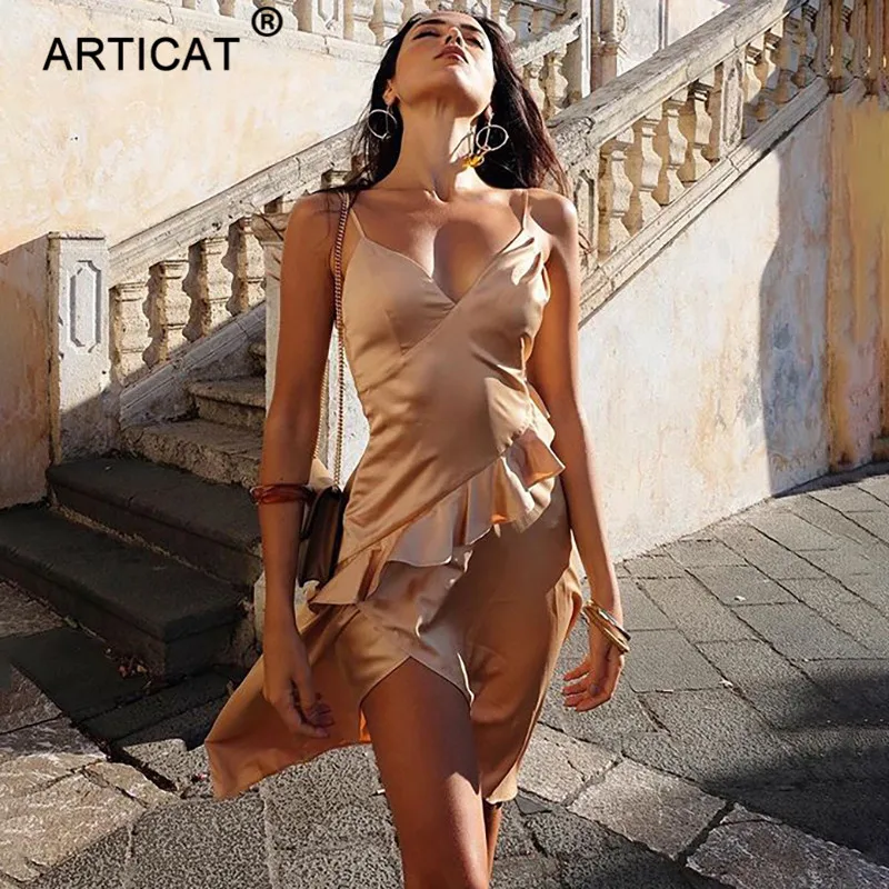 Articat, асимметричное, с оборками, сексуальное, сатиновое платье, женское, элегантное, на тонких бретелях, с разрезом, облегающее, рождественское платье, для девушек, длинное, вечерние, платье