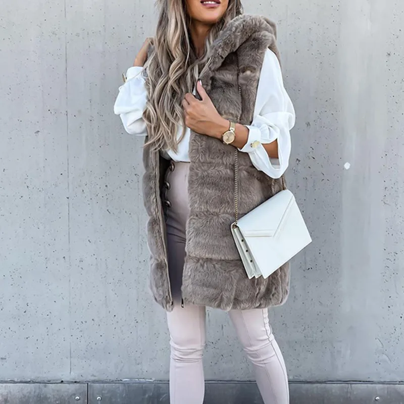 

Элегантный офисный Топ без рукавов, верхняя одежда, Женский мягкий меховой жилет, пальто, модная осенне-зимняя толстовка на молнии с капюшон...