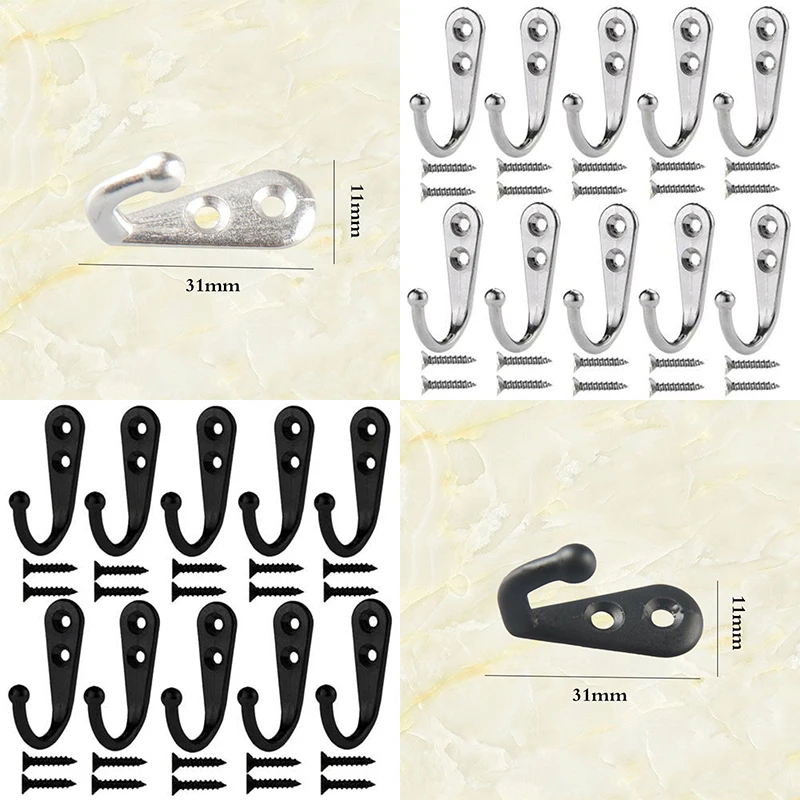 

10pcs Small Black Hooks Coat Hangers Screws Zinc Alloy 21*12*30 Mm Wall Hangers Hat Racks Keys Hanger Home Decor