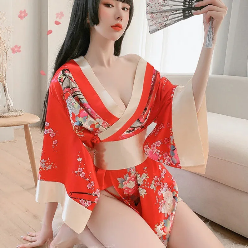 

Japanese Kimono Dress for Women Cardigan Sexy Floral Print Yukata Asian Obi Sleepwear Traditional Geisha Robe Vintage Clothes
