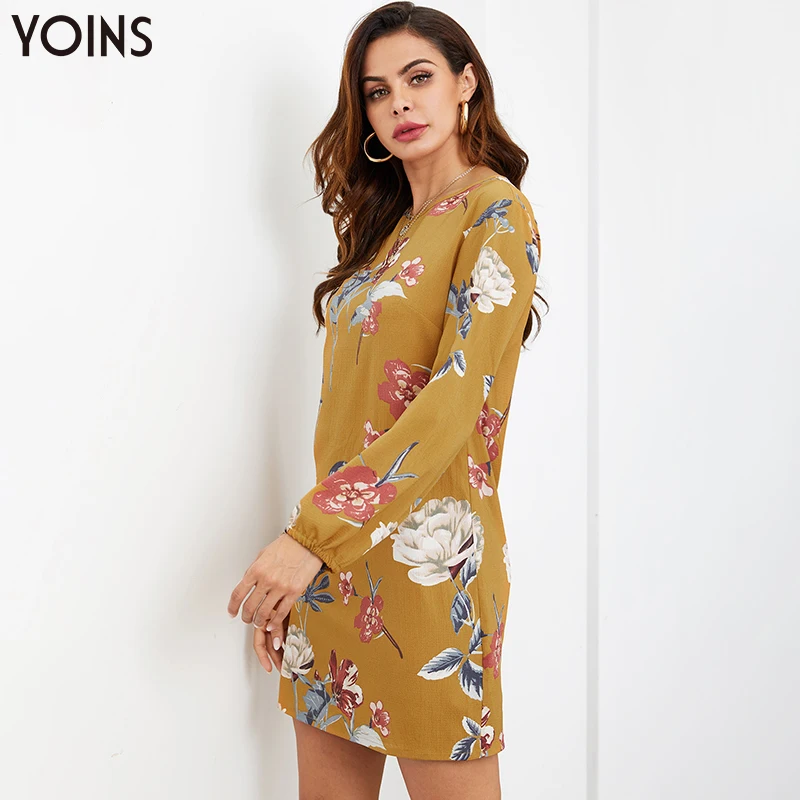 YOINS 2020 летнее осеннее женское платье винтажное с длинным рукавом О образным