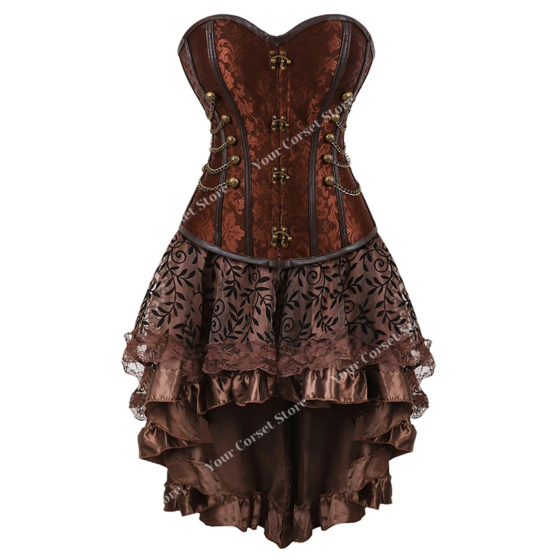Steampunk Pirate Costume Women Corset Dress Skirt Lace Up Plus Size Zipper Faux Leather Corset Dress Brown Pirate Costume
