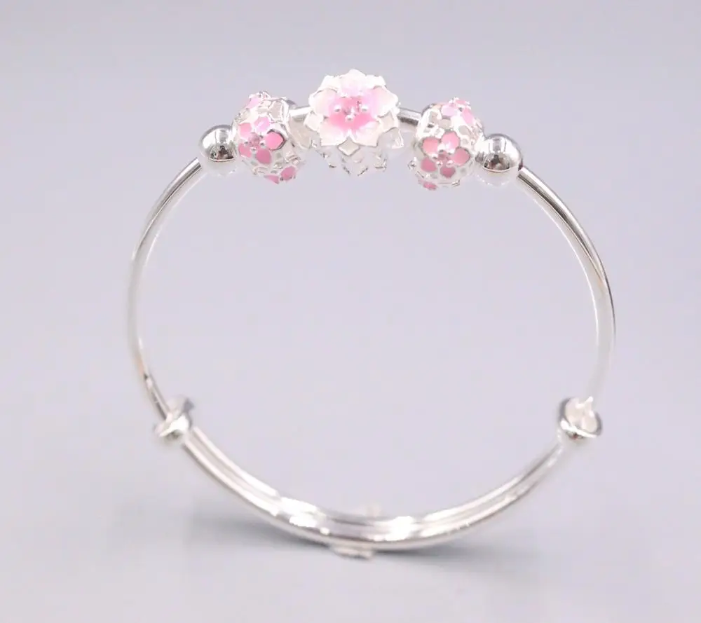 Новый однотонный гладкий серебряный браслет с красивым розовым цветочным узором