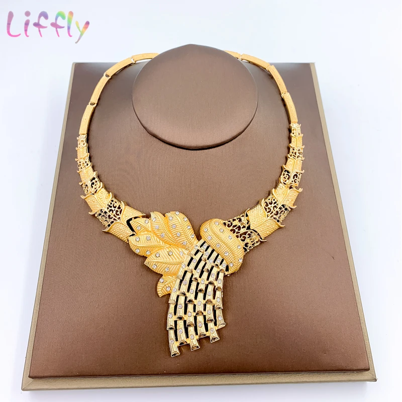 Nigerian Leaf Shape Jewelry Set - Gold Necklace, Bracelet, Earrings, Ring - Women's Dubai Bridal Crystal Wedding Accessory image 2