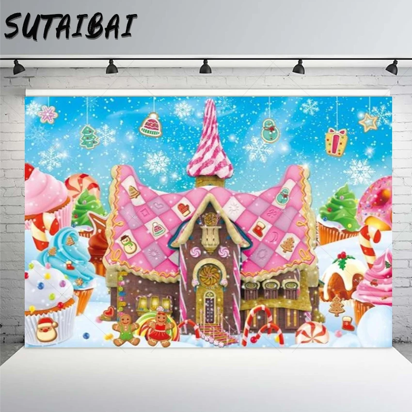 

Pink Gingerbread House Backdrop Winter Snow Christmas Cookies Fairy Candyland Snowflake Child Birthday Party Supplies Background