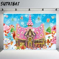 pink gingerbread house backdrop winter snow christmas cookies fairy candyland snowflake child birthday party supplies background