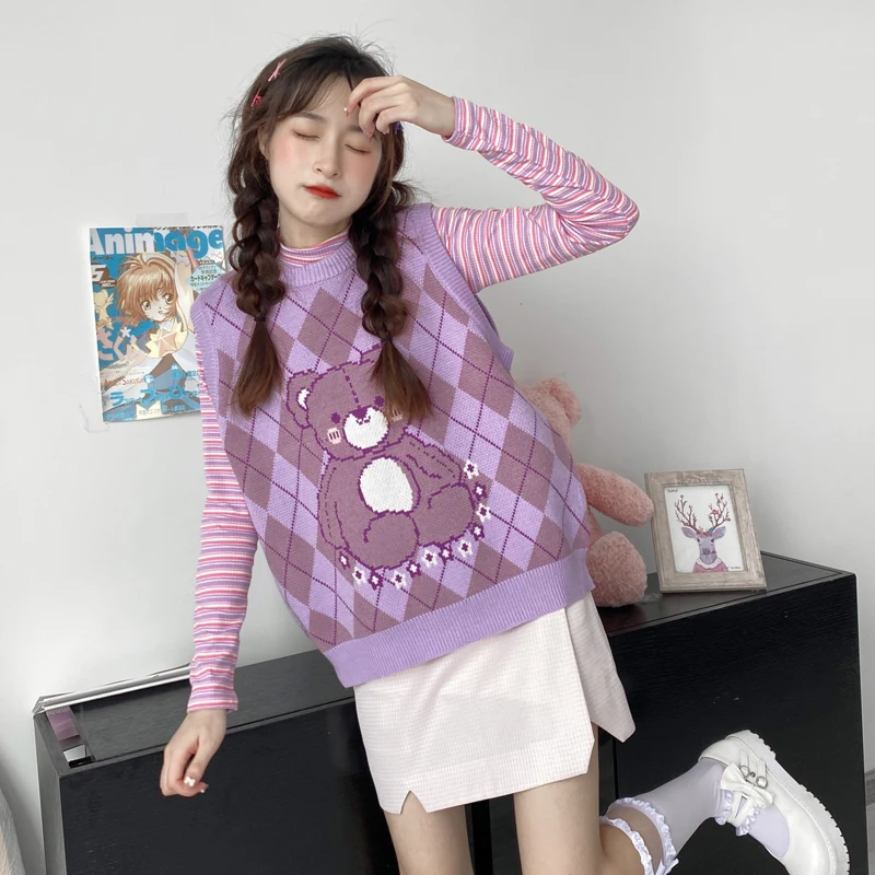 

Японский Элегантный стиль милый девчачий винтажный пуловер без рукавов с круглым вырезом и милым мультяшным медведем Свободный вязаный жи...